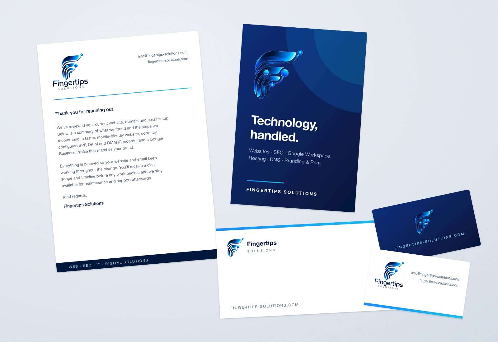 Fingertips Solutions letterhead, brochure, envelope and business cards