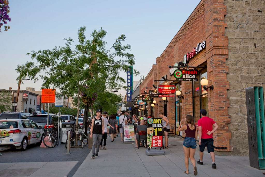 Shops and restaurants along a street in downtown Kelowna